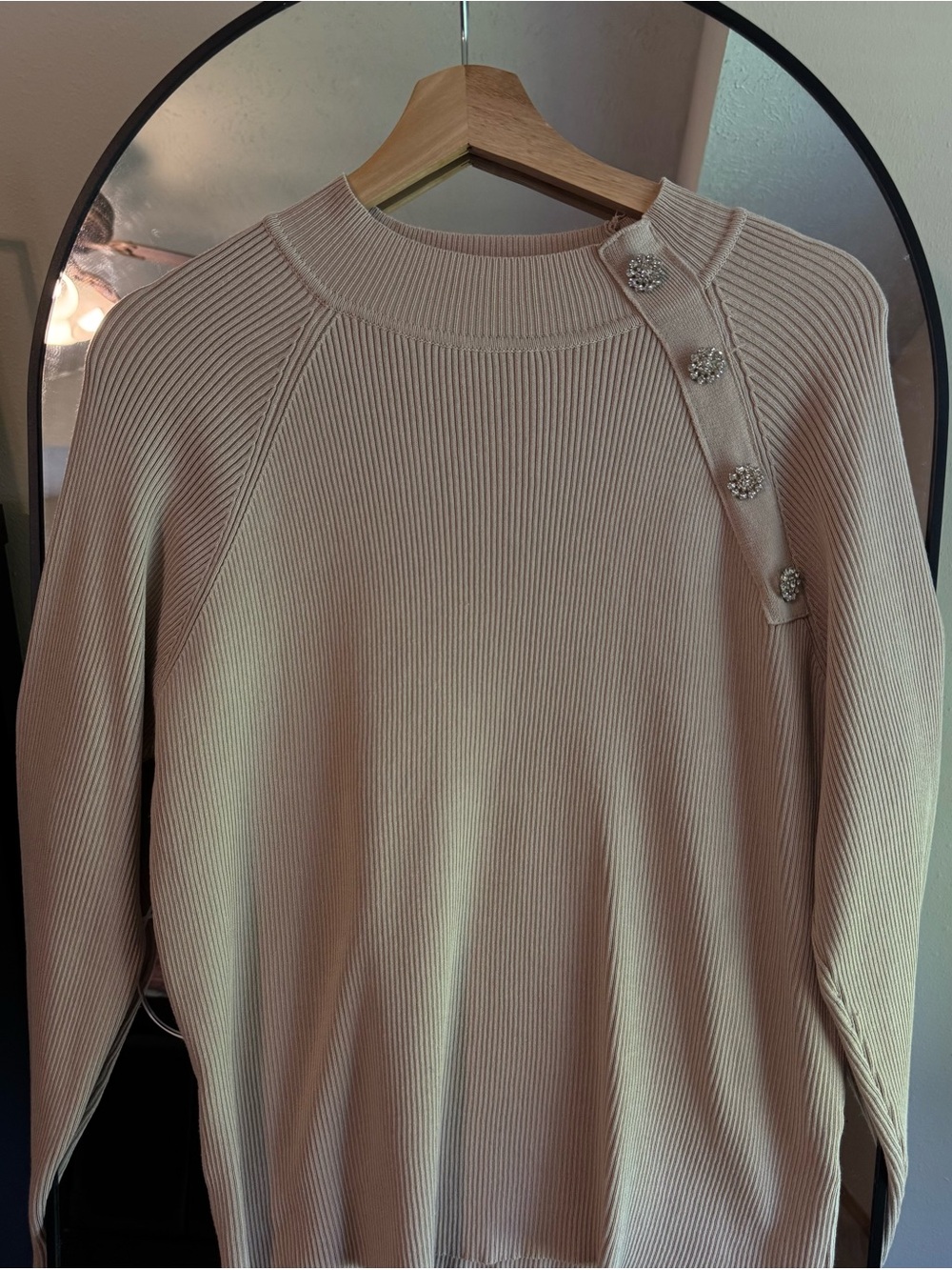 Alice Blue Ribbed Crewneck Sweater with Crystal Button Placket - Blush Pink